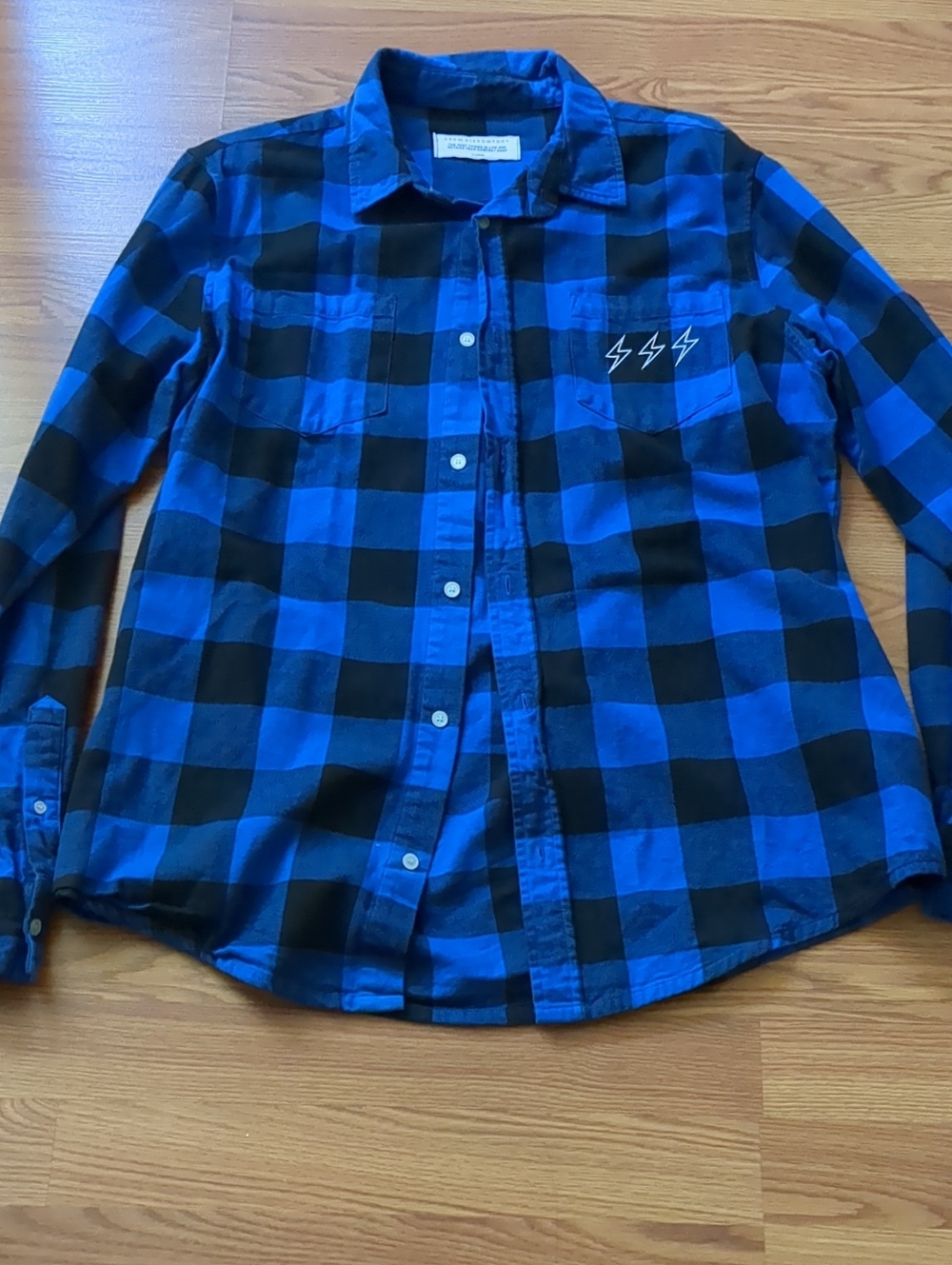 Seek Discomfort Big Logo Plaid Flannel Shirt XL 444 Lightning Bolt Graphic Blue